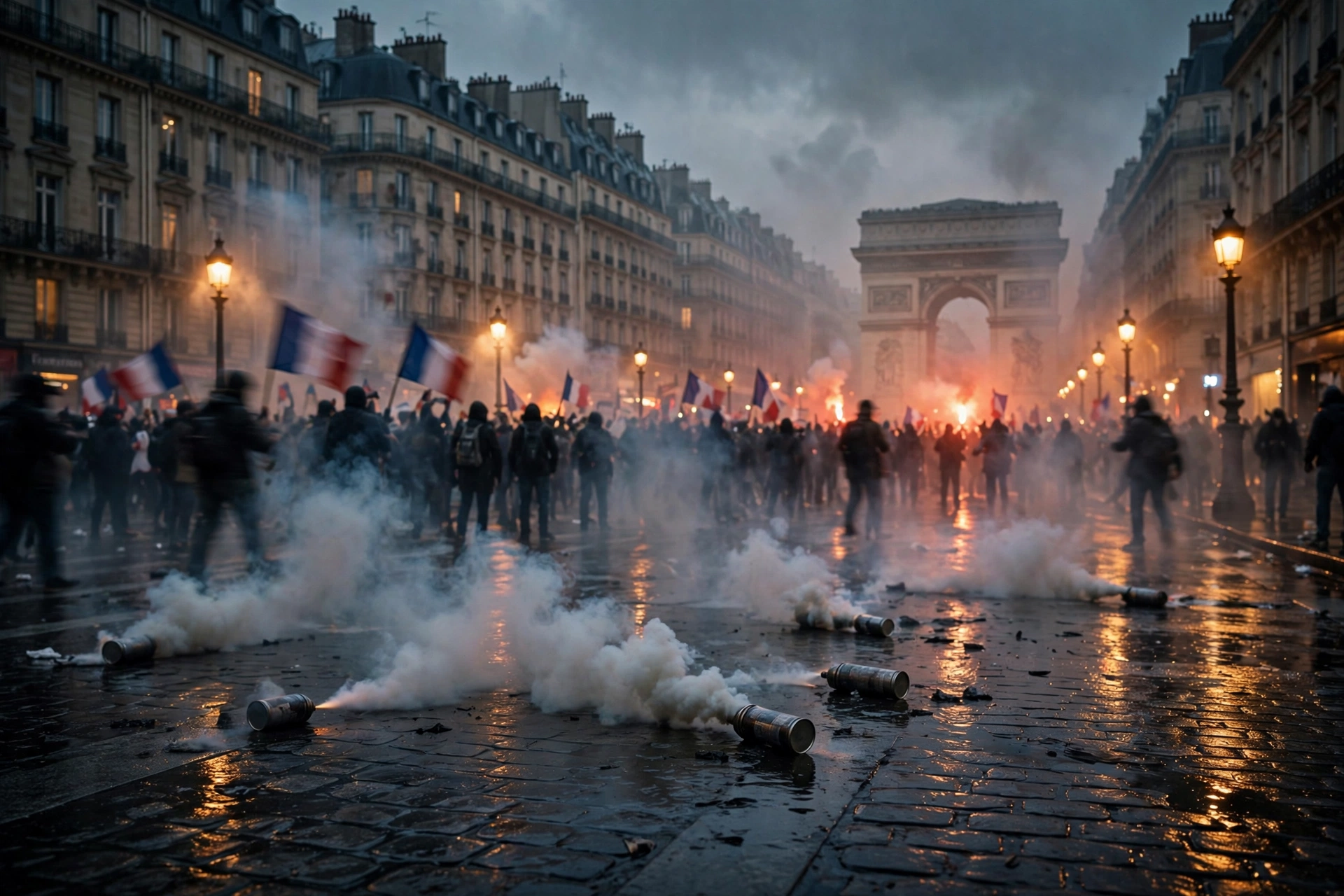 Cinematic editorial photograph: Nearly 200,000 Protest Across France Amid Clashes and Tear Gas