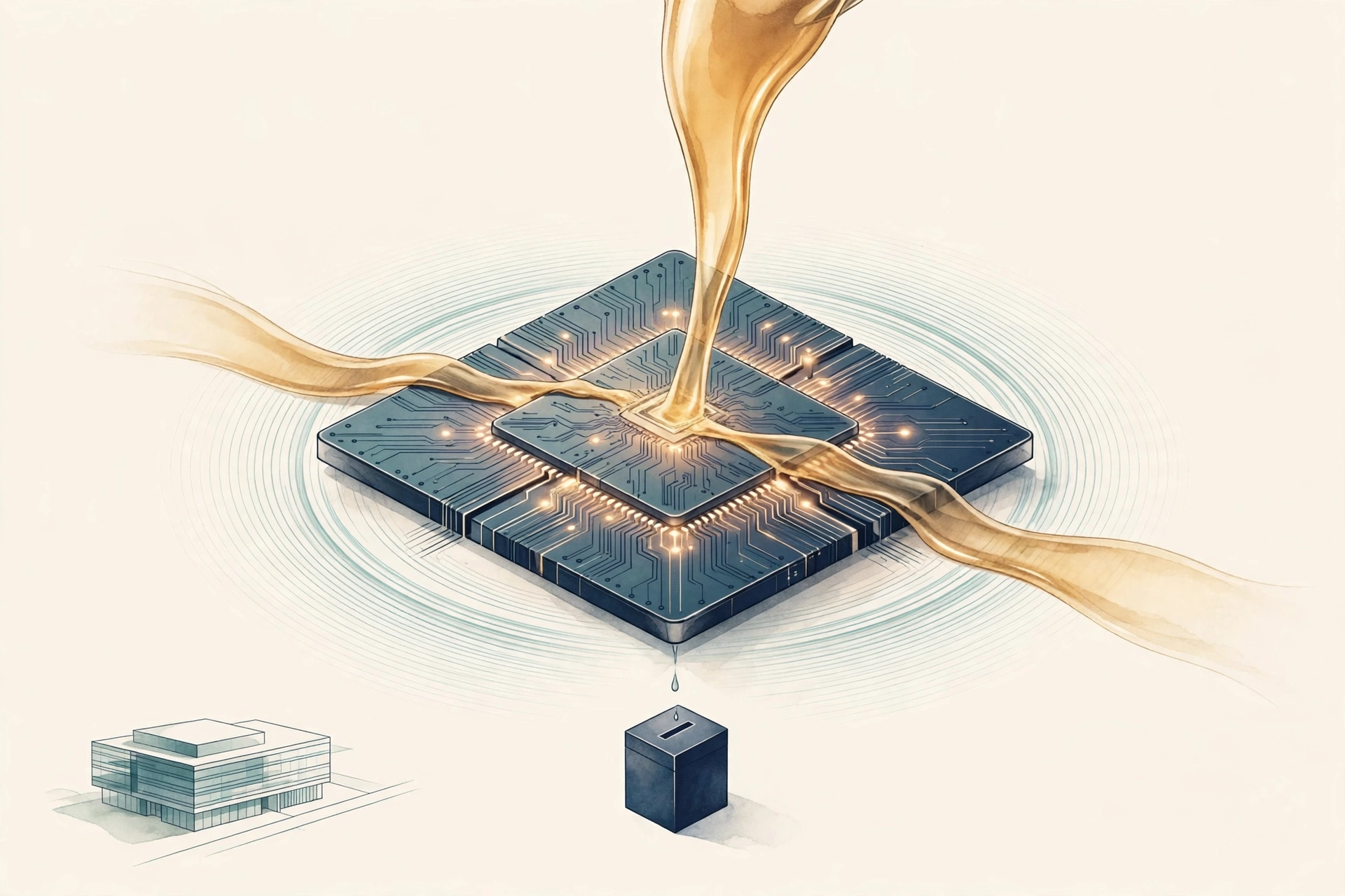 AI-generated minimal editorial illustration (not a photograph): Brin Pours $102 Million Into Effort Against Wealth Tax