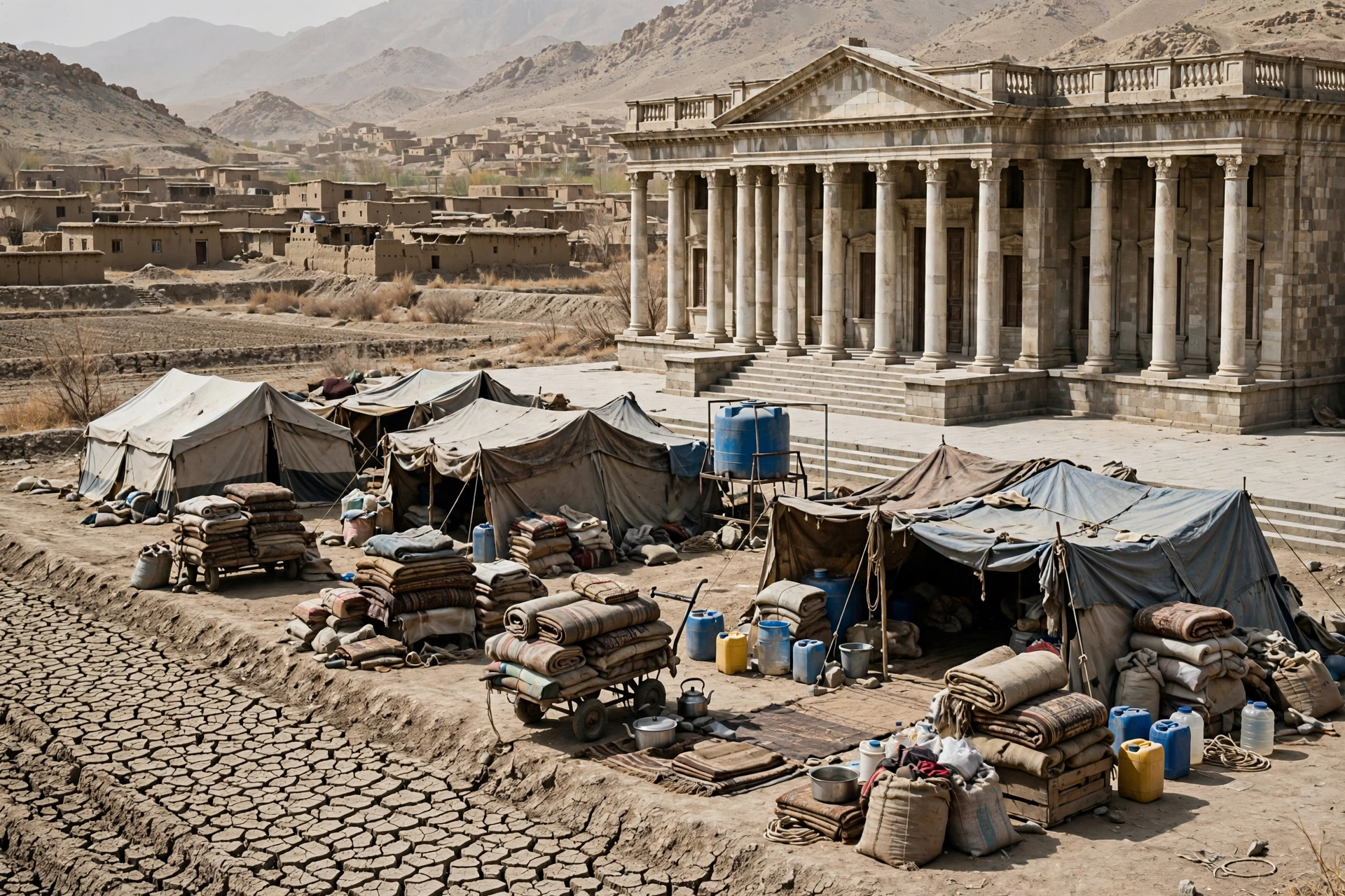AI-generated illustration (not a photograph) of the setting of this story: Drought in Northern Afghanistan Forces Families to Sell Young Daughters
